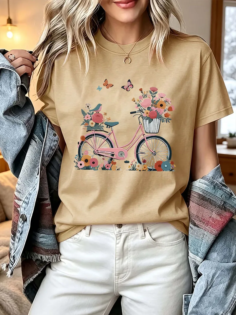Harajuku Floral Bicycle Butterfly Print Graphic T Shirt Women Elegant Short Sleeve Tee Casual Crew Neck Ladies Retro T-shirt