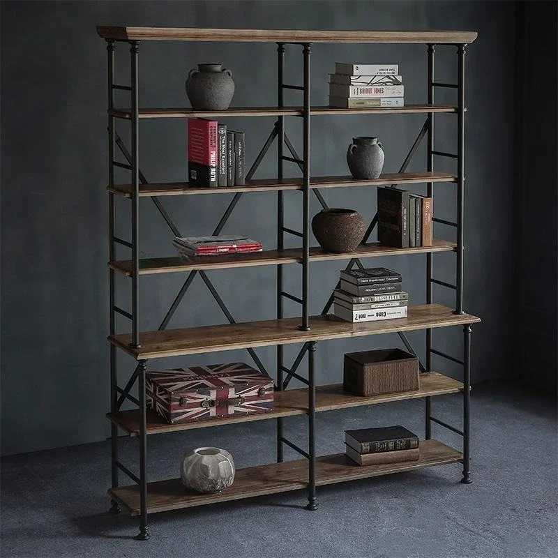 Retro solid wood iron study bookshelf industrial style multi-layer storage rack storage shelf