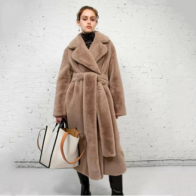 

Новое модное женское длинное толстое теплое плюшевое пальто, универсальное однотонное пальто с отложным воротником на шнуровке, тонкая с карманами, нечеткая верхняя одежда