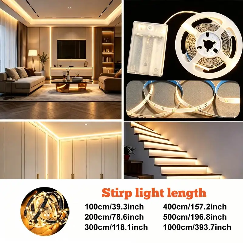 Led Light Strip--White Light/Warm Light, Adhesive-Backed, Can Be Cut to Size, Battery-Powered (Batteries Not Included), Available in Multiple Lengths from 1m to 10m, Very Suitable for Tv and Computer Live Streaming Lig
