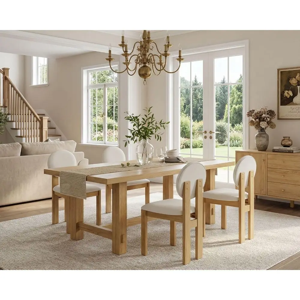 

Beige Linen Upholstered Dining Chairs Set of 4 with Round Back and Wooden Legs, Suitable for Kitchen, Dining Room, Living Room,