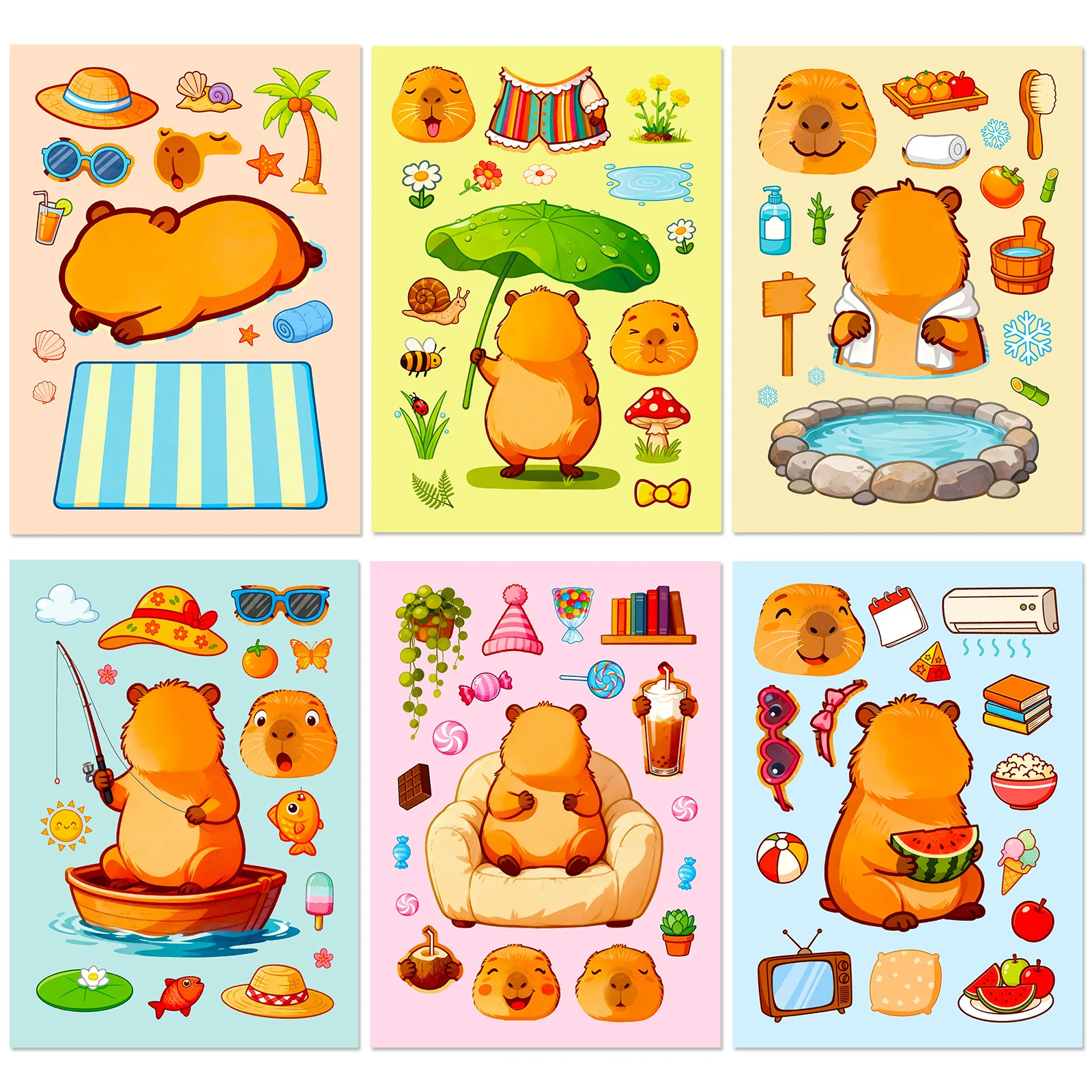 6/12 ورقة كابيبارا الحياة جعل وجه لغز ملصقات الاستحمام في عطلة الكرتون ملصق DIY الأمتعة الهاتف الغيتار ألعاب أطفال