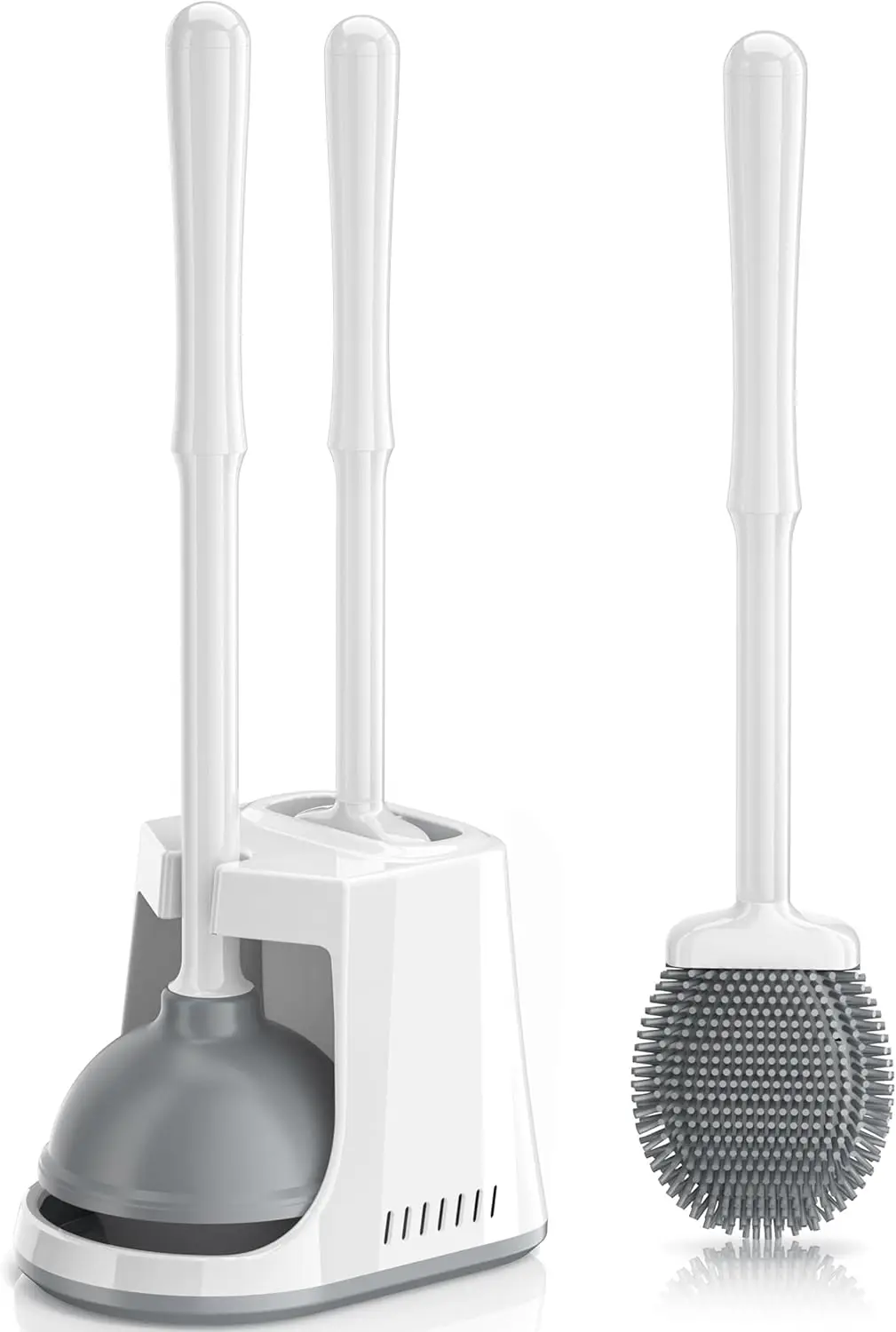 

2-in-1 Toilet Plunger and Brush Set with Silicone Brush, Heavy Duty Design, Ventilated Holder for Bathroom Cleaning in White
