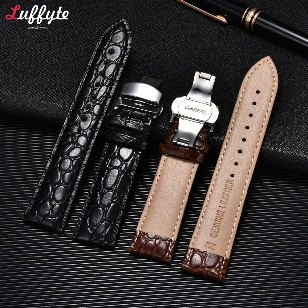 Embossed Leather Strap Watch Band with Automatic Butterfly Clasp Bracelet 18mm 20mm 22mm 24mm Wrist Band Watch Accessories