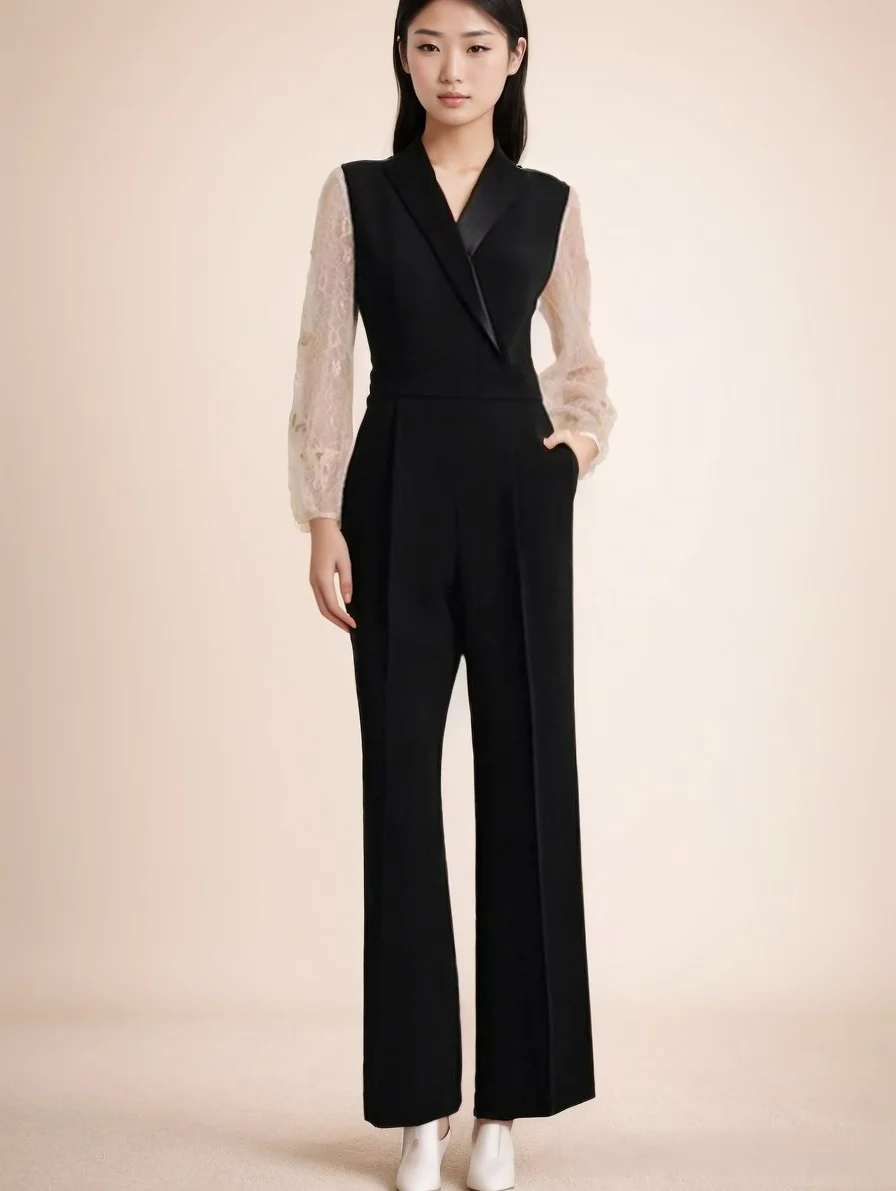 กางเกงขายาวทรงเอวสูงผ้าบางประดับเพชรแบบติดกาว รุ่นใหม่สำหรับผู้หญิง ฤดูใบไม้ผลิและฤดูใบไม้ร่วง คอเสื้อแบบสูท ผ้าอะซิเตท