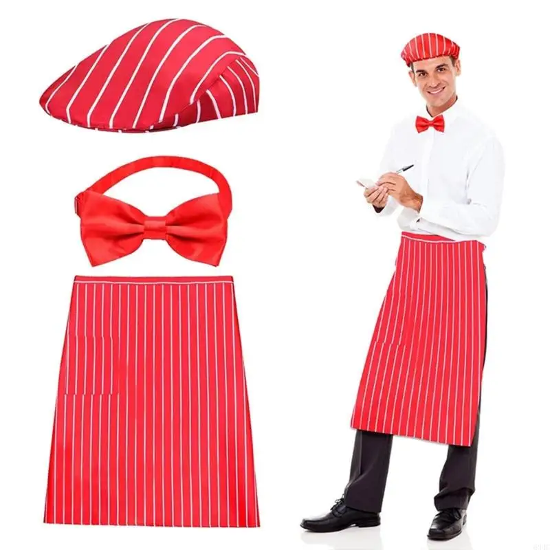 3Pcs Adult Waiter Costume Accessory Outfits Halloween Carnival Cosplay Costume Sodas Jerk Costume Stripe Apron,Caps and Bowtie