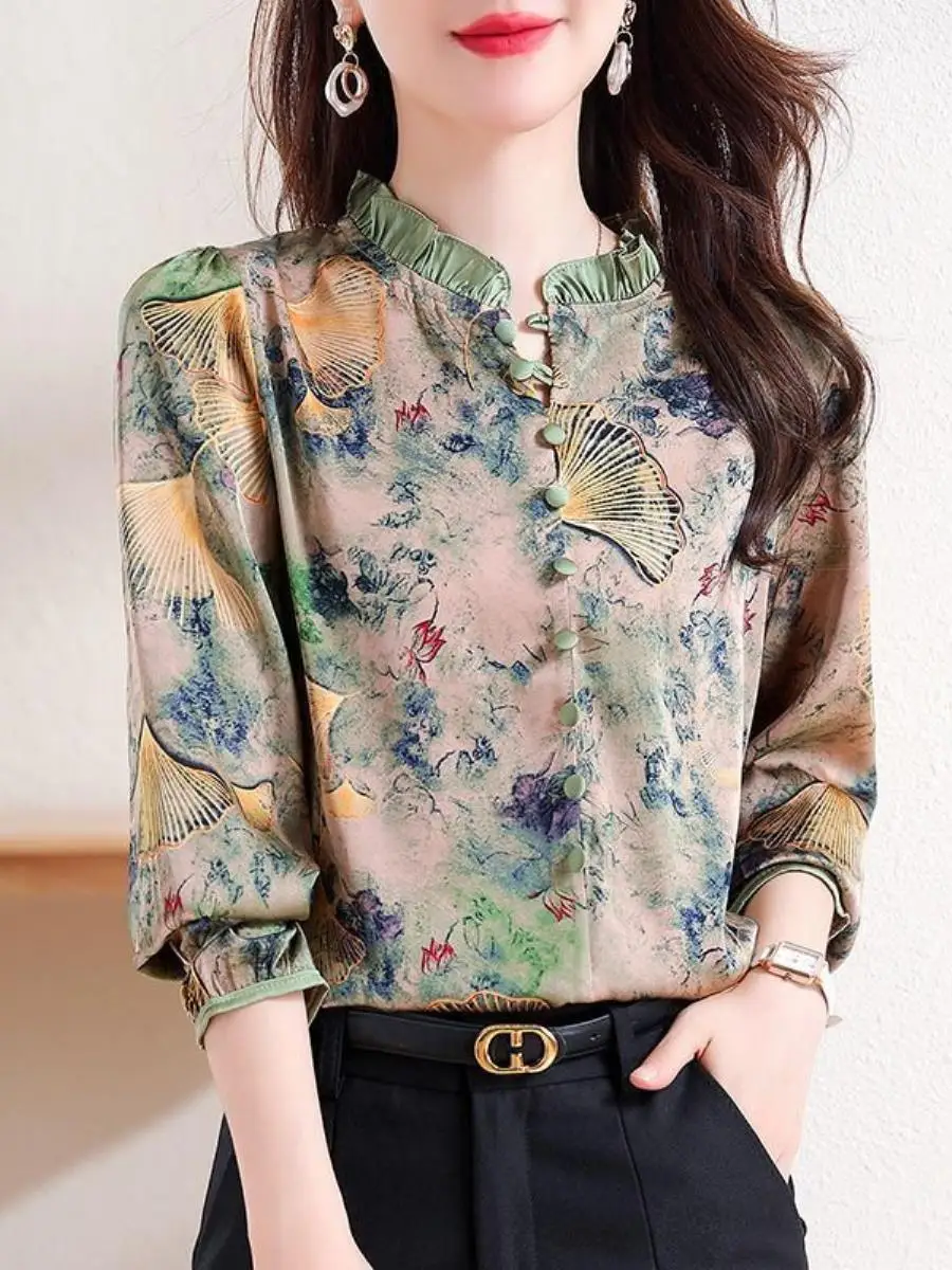 Long Sleeve Floral Print Chiffon Top Women's Belt Buckle Cover up Shirt Versatile Spring Autumn New Style Ladies Anti-Aging