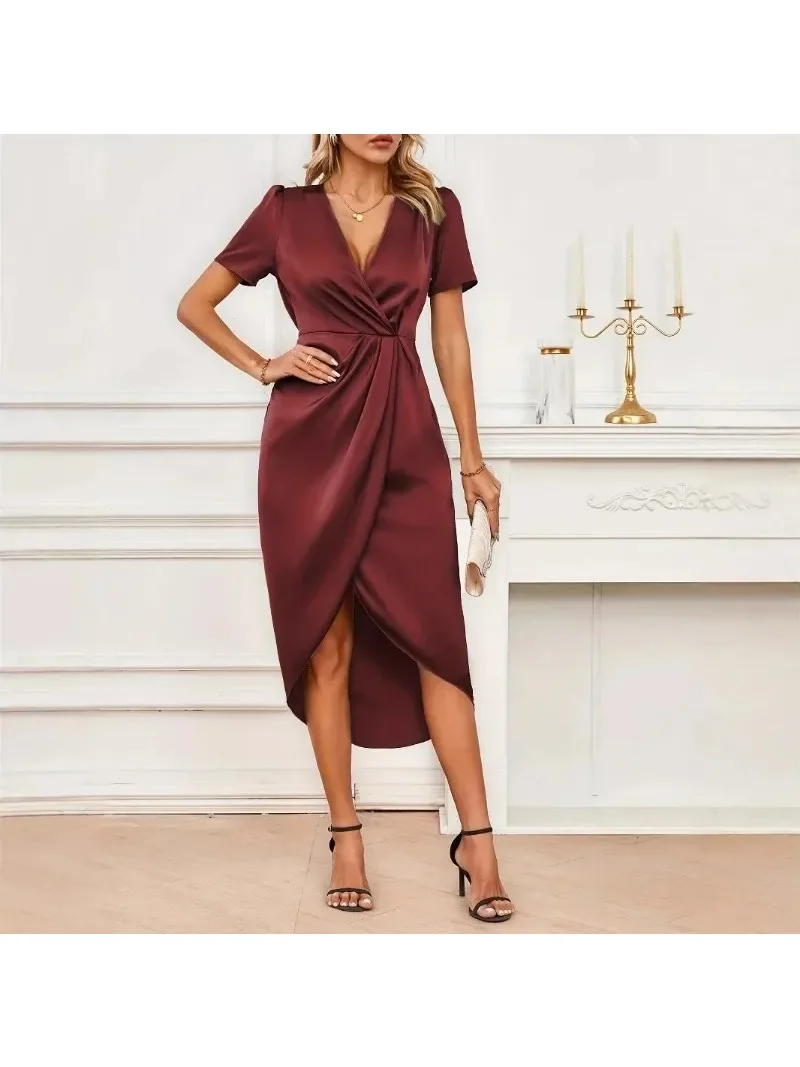 2025 الصيف تصميم الشعور فستان طويل غير منتظم المرأة الساتان قصيرة الأكمام التفاف عبر الرقبة فستان فستان صيفي للنساء