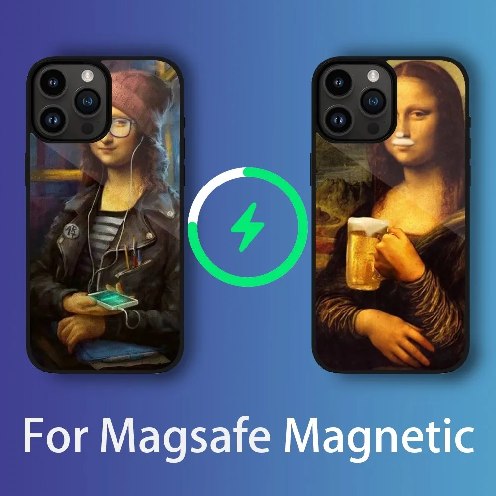 Funny Art Mona Lisa Phone Case For iPhone 11 12 13 14 15 Max Plus Pro Magnetic Charging Case