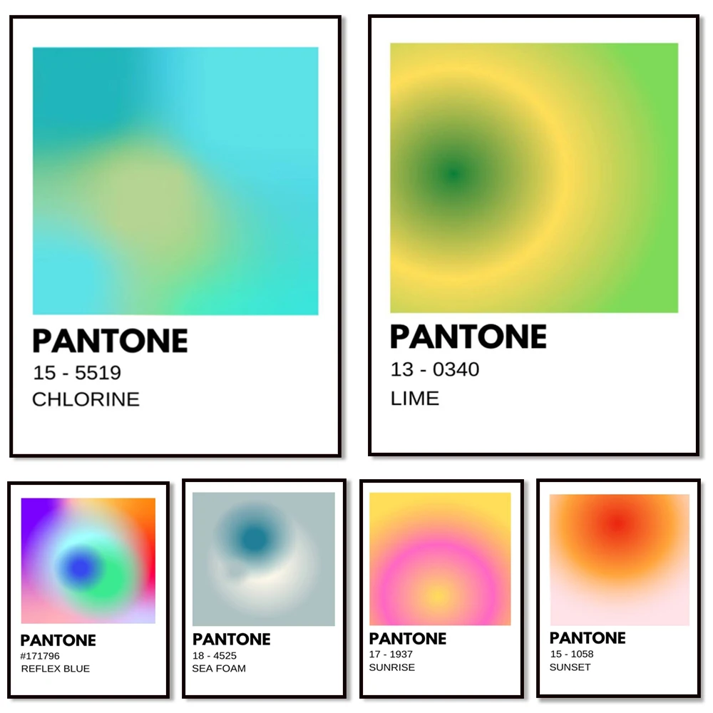 

Pantone Poster, Sunrise Sunset, Lime Green, Reflective Blue, Pool Blue, Pantone Sponge, Chlorine Gradient Warm Decor
