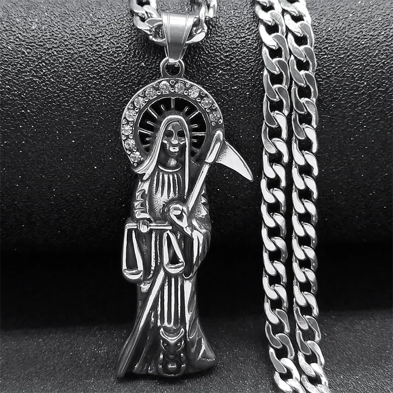 Holy Saint Death Santa Muerte Grim Reaper Necklace for Men Stainless Steel Silver Color Male Necklaces Jewelry Gift NZZ518S05