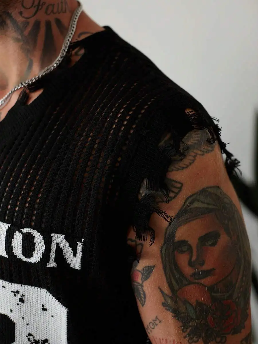 Men's Distressed Graphic V-Neck Loose Knit Vest - Black Hollow Out Casual Sweater Vest for Summer