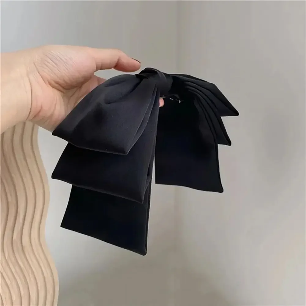 Neue große Satin-Haarspange, Haarschleifen für Mädchen und Frauen, einfarbig in Rosa und Schwarz, mehrlagige Haarnadel, koreanische Mode-Haarspangen für Haar-Accessoires – Detail 4