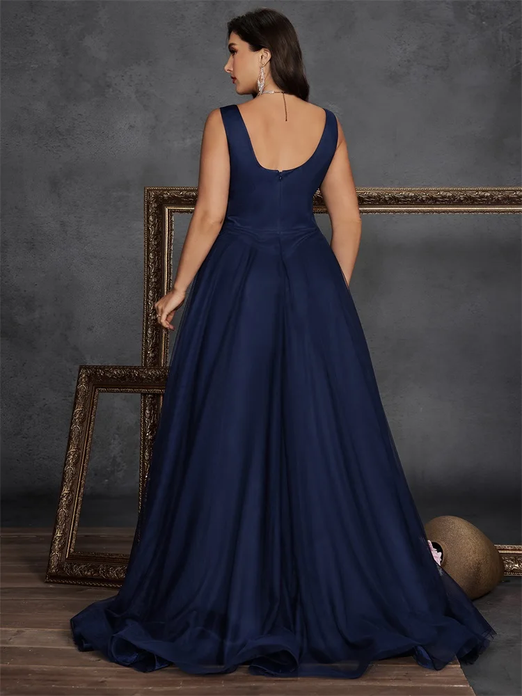 Plus Size Luxury Applique Sequins V-neck Evening Dresses Elegant Tulle Sleeveless Formal Wedding Party Cocktail Gowns