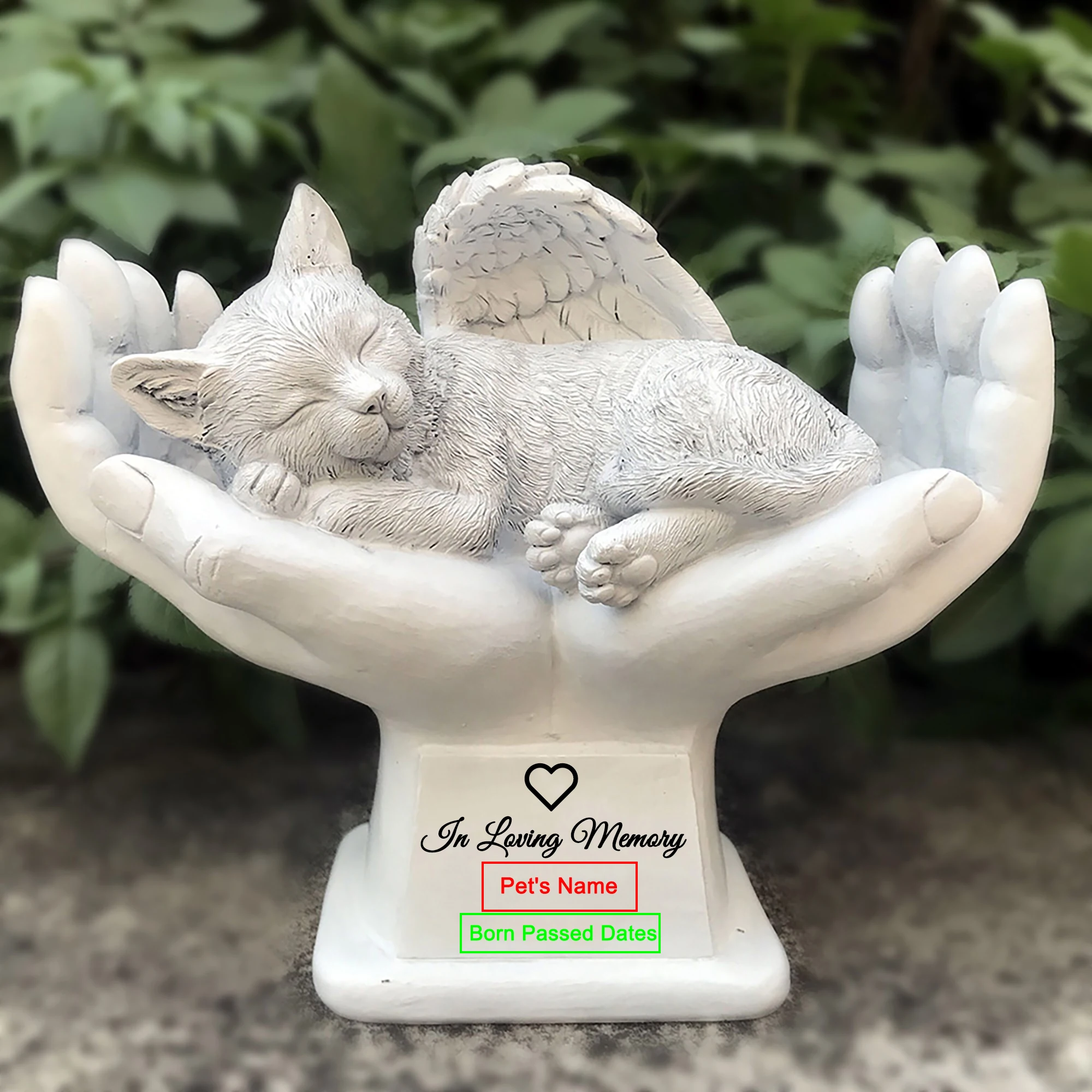 Personalized Cat Pet Grave Markers Memorial Angel Statue Stone with in God's Hands, Cat Pet Headstone Garden Stone