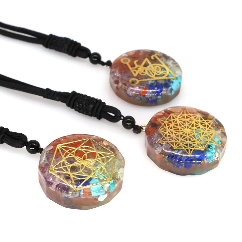 Natural Crystals Stones Necklace Geometric Pattern 7 Chakras Orgonite Pendants Rope Chain Energy Healing Yoga Meditation Jewelry