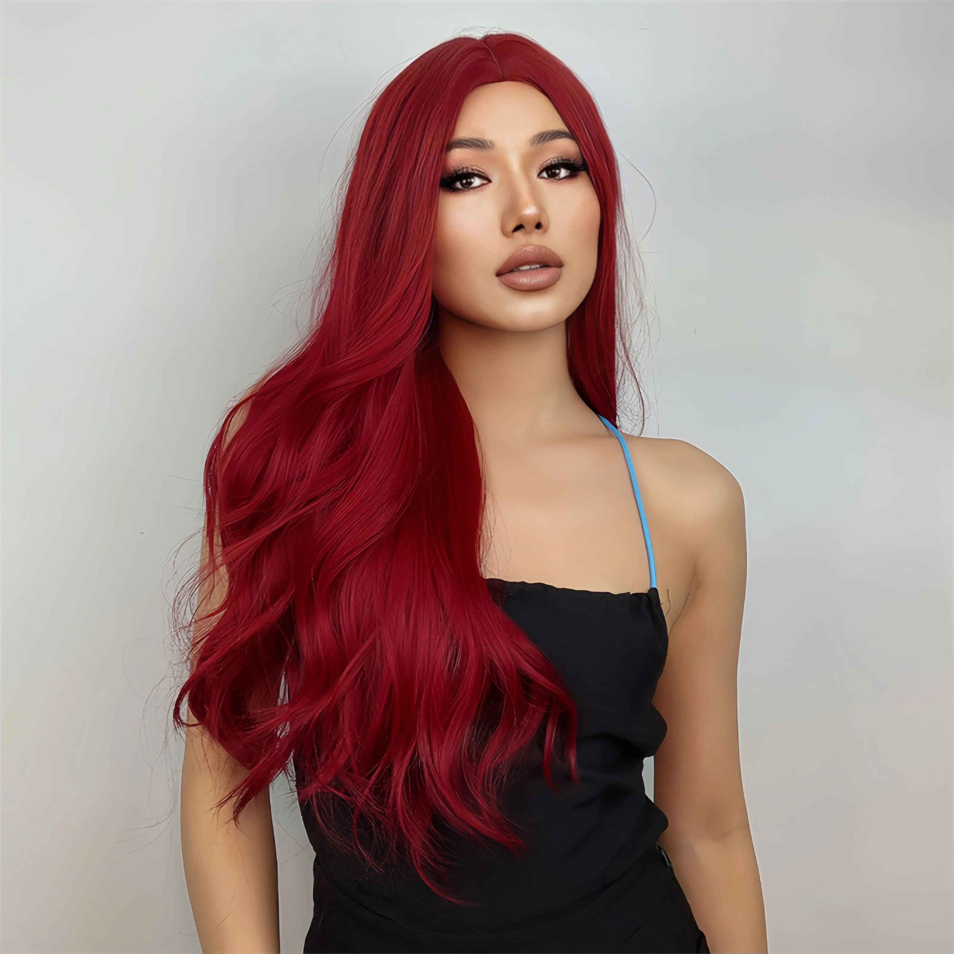 Red synthetic wig girl with parted long curly hair for party cosplay in daily life with high-temperature synthetic hair wig image 3