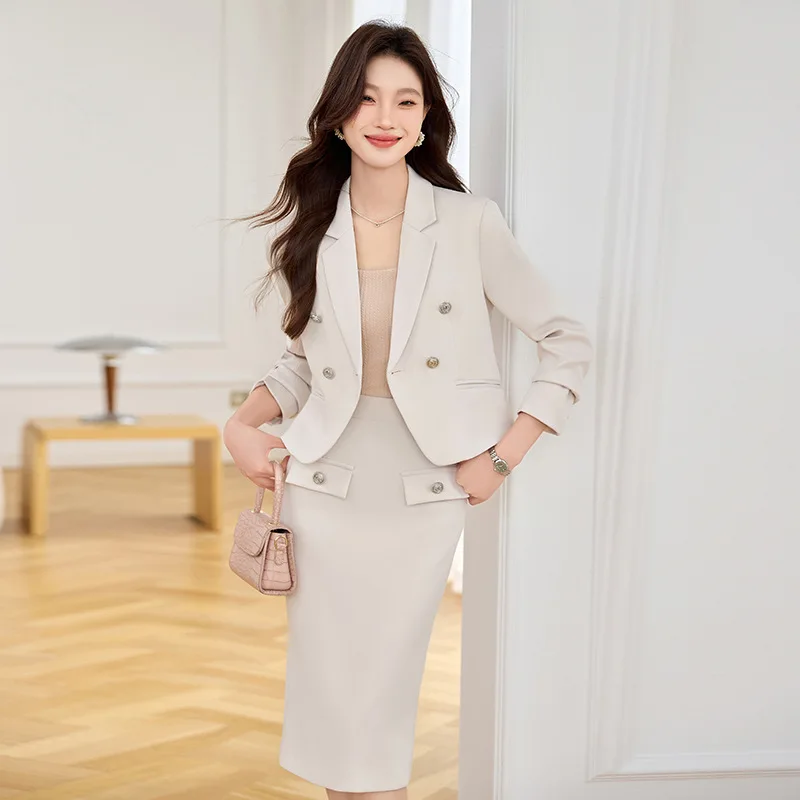 Gray-blue women's blazer for spring2025New    Elegant and sophisticated casual professional skirt suit