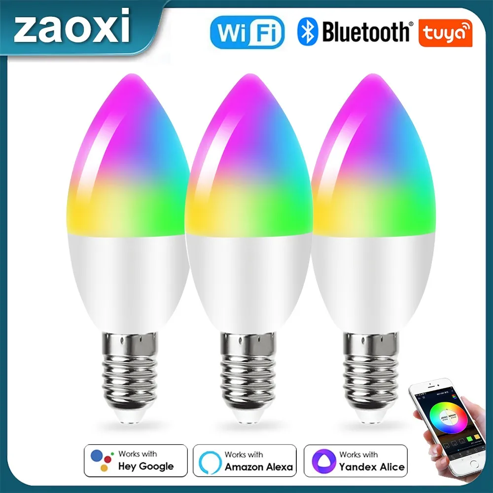 

ZAOXI Tuya WIFI/Bluetooth LED Smart Light Bulbs E14 AC200-240V Timing RGB Candle Bulb Works With Alexa Google Home Voice Control