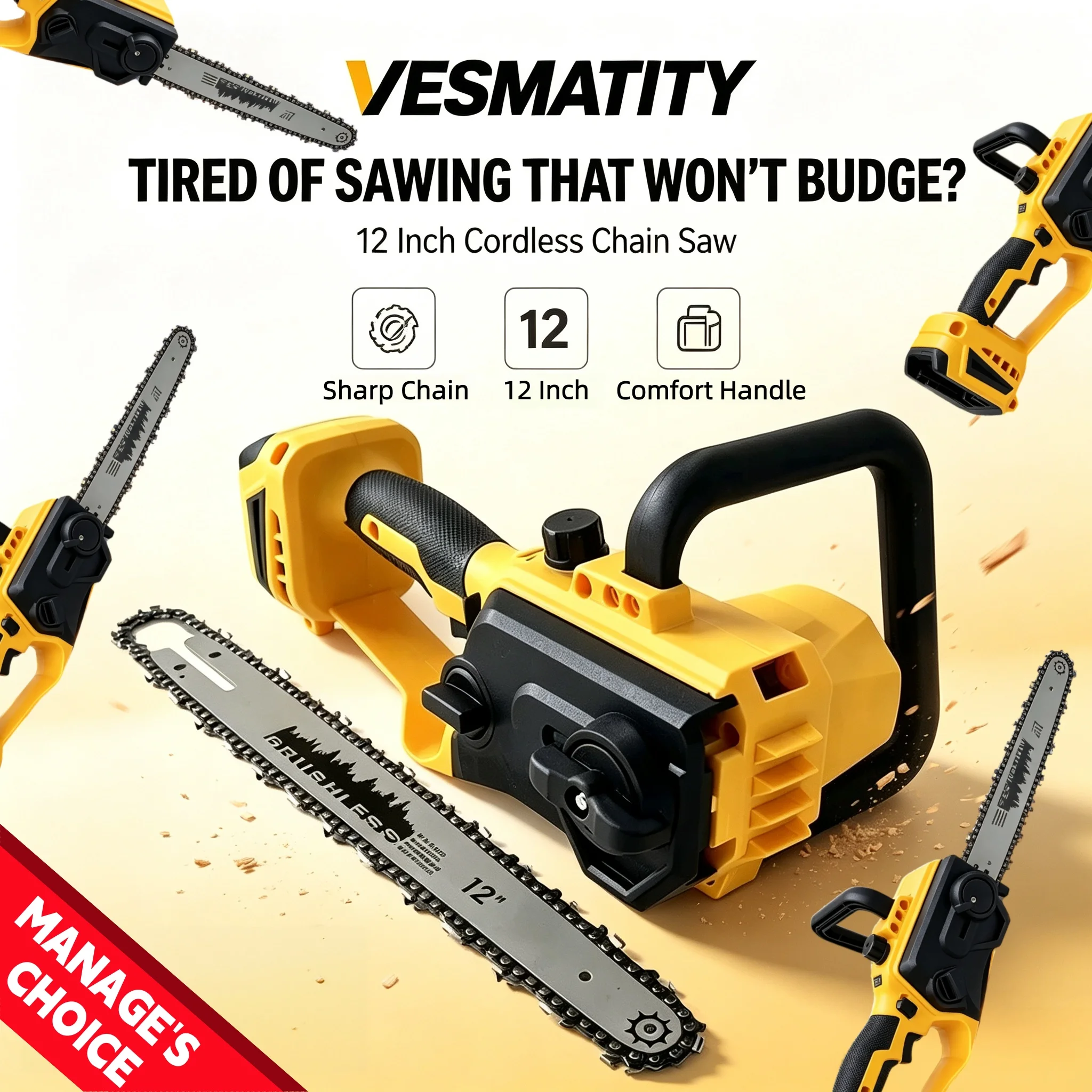 VESMATITY Cordless Chain Saw Automatic Oiler Chainsaw Dehydration withor Tree Cutting and Logging Electric Saw Tool