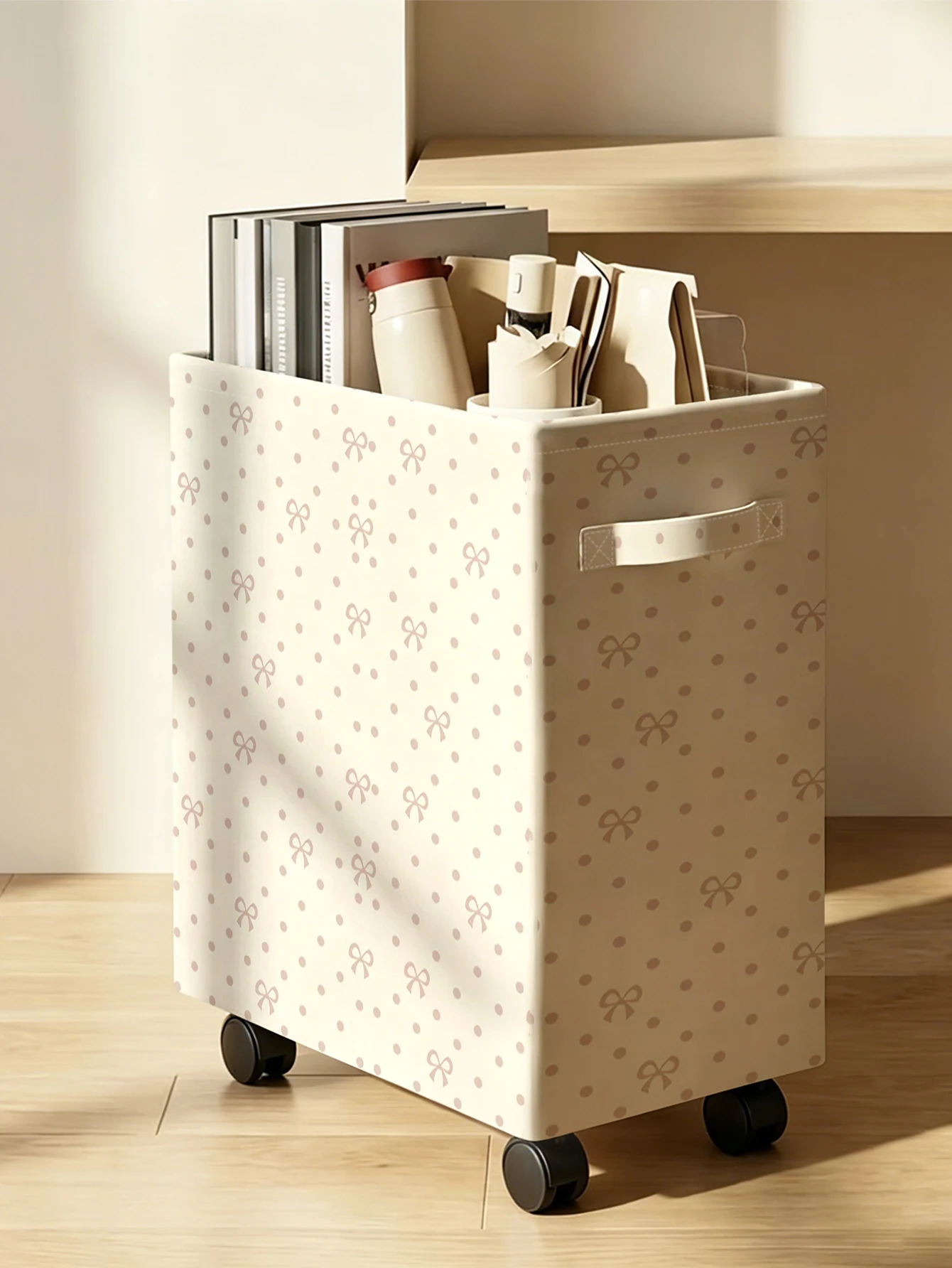 Beige Bow Dot Print Rolling Storage Bin, Fabric Organizer Box with Wheels for Home Bedroom Storage