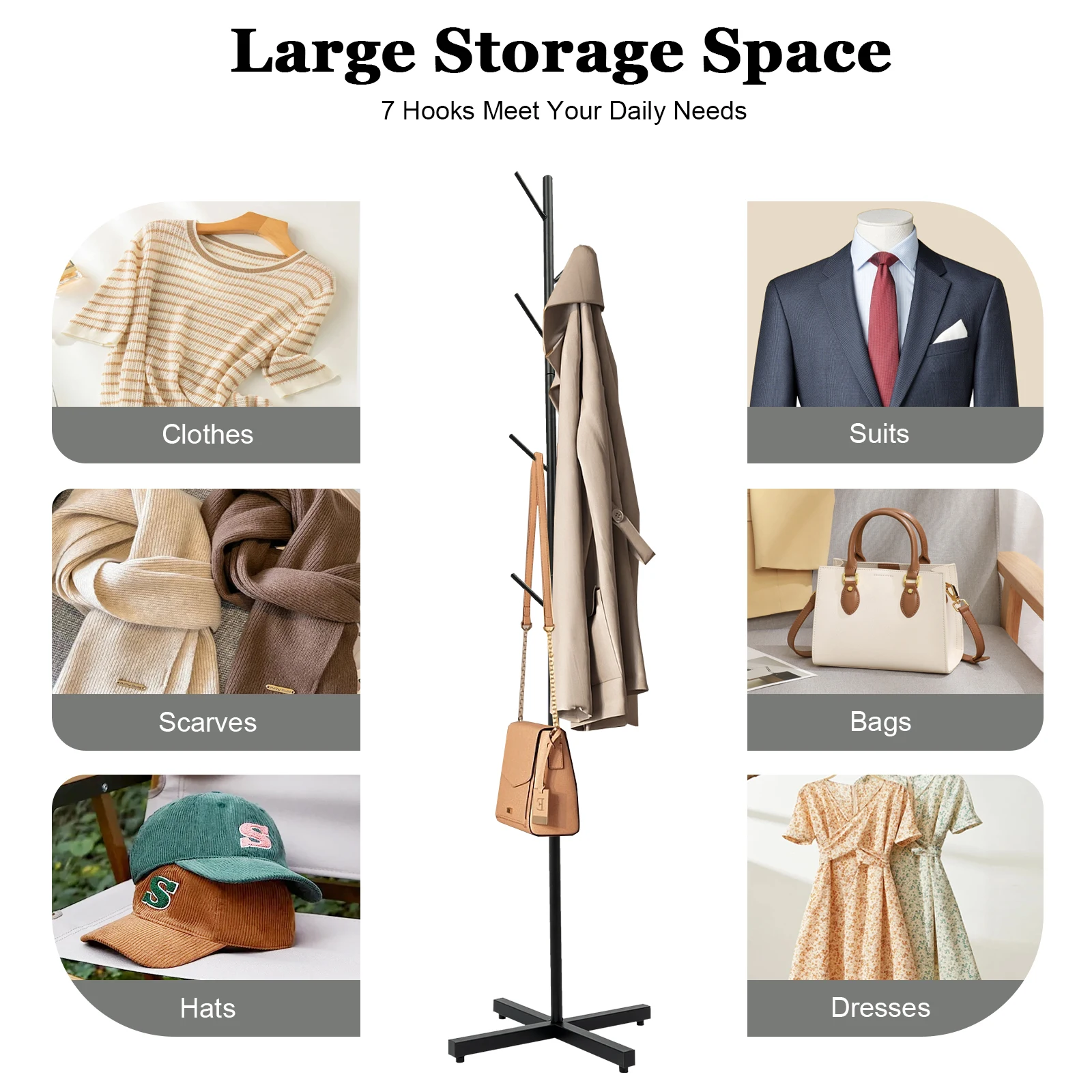 

Modern Metal Coat Rack Floor Standing - 7 Hooks, Tree-shaped Heavy Duty Steel Organizer, for Coats, Hats, Scarves and Handbags