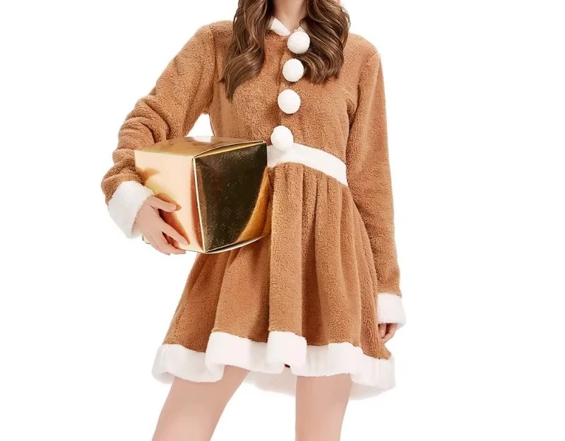Christmas Costume Cosplay Cute Reindeer Dress Khaki Elk Personality Loose Long Sleeved Pajamas Coral Fleece Hooded Skirt