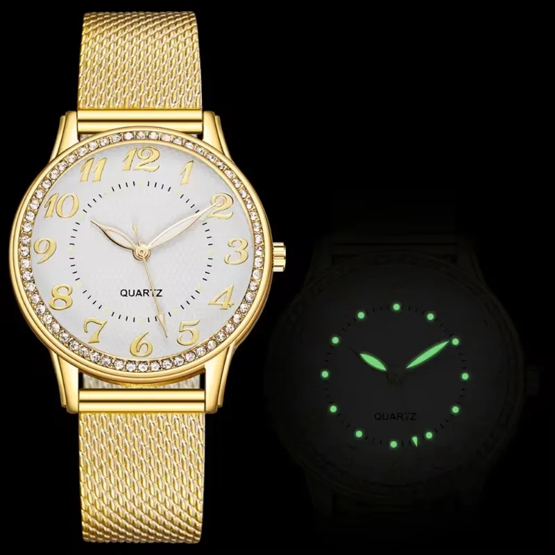 Relojes luminosos para mujer, relojes de pulsera de cuarzo con correa de malla de negocios a la moda para mujer, relojes de pulsera con números arábigos y diamantes de imitación, reloj para mujer