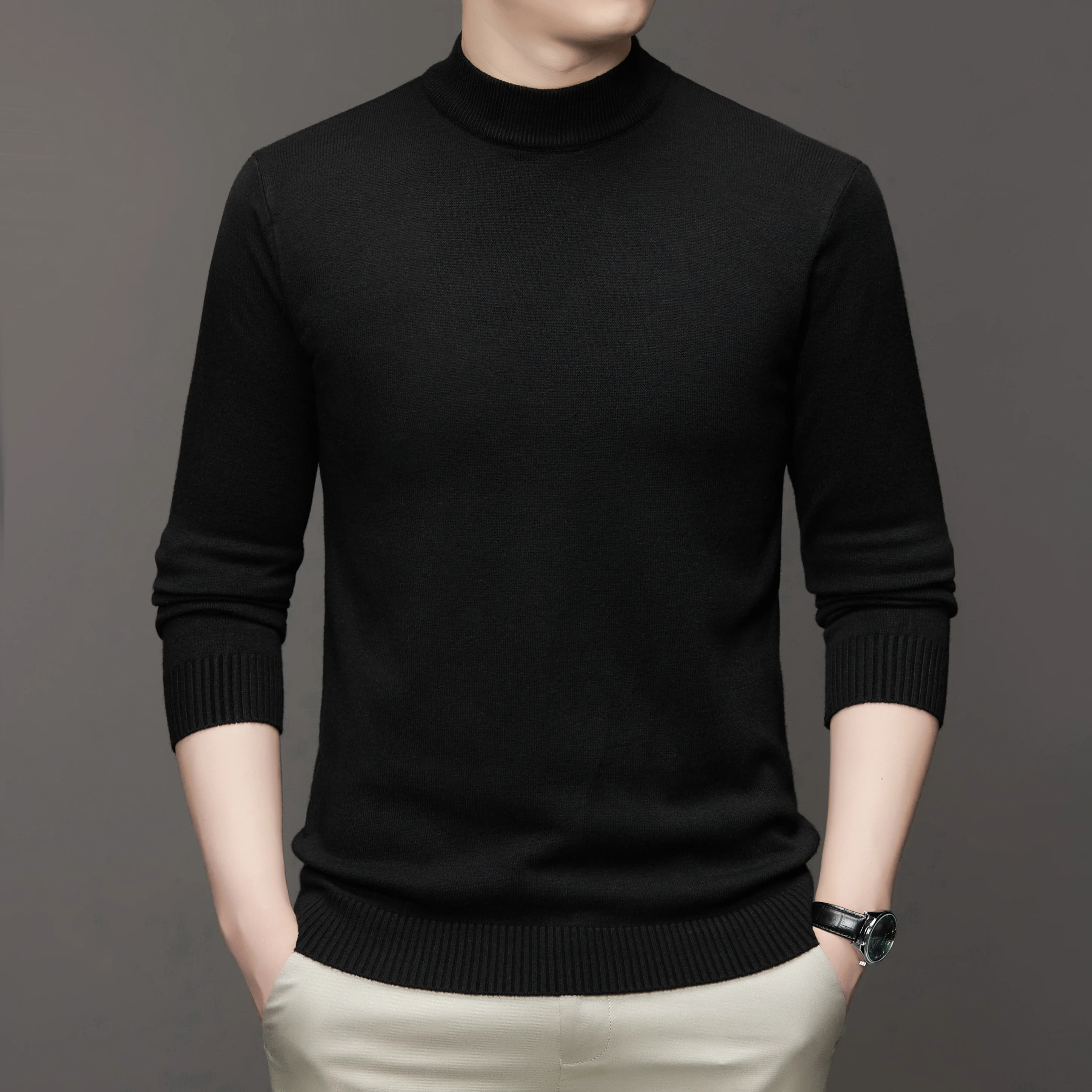 Mock Neck Knitted Slim Solid Sweater, Men's Casual Warm Solid High Stretch Pullover Sweater For Fall Winter