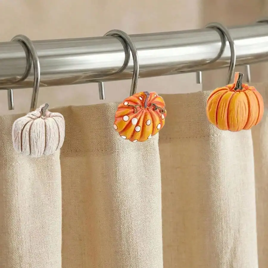 12 Pcs Pumpkin Shower Curtain Hooks Stainless Steel Rust Proof Autumn Country Style Bathroom Decor