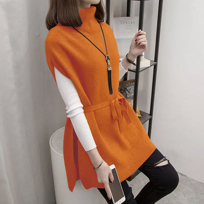 Women Turtleneck Solid Midi Sweater Vest Pullover Winter Knitted Side Split Dress Loose Waistcoat Female Top Sweater Vest Korean