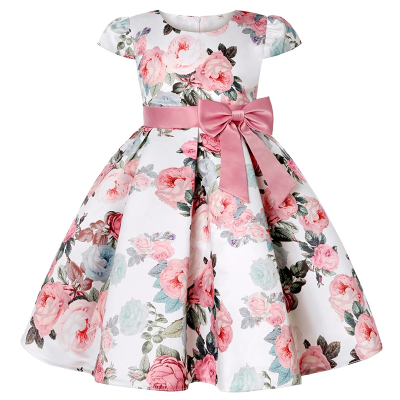 Vestido de flores de siete colores para niñas, ropa de verano con lazo grande, vestido de princesa de Navidad, regalo de fiesta de cumpleaños de 2 a