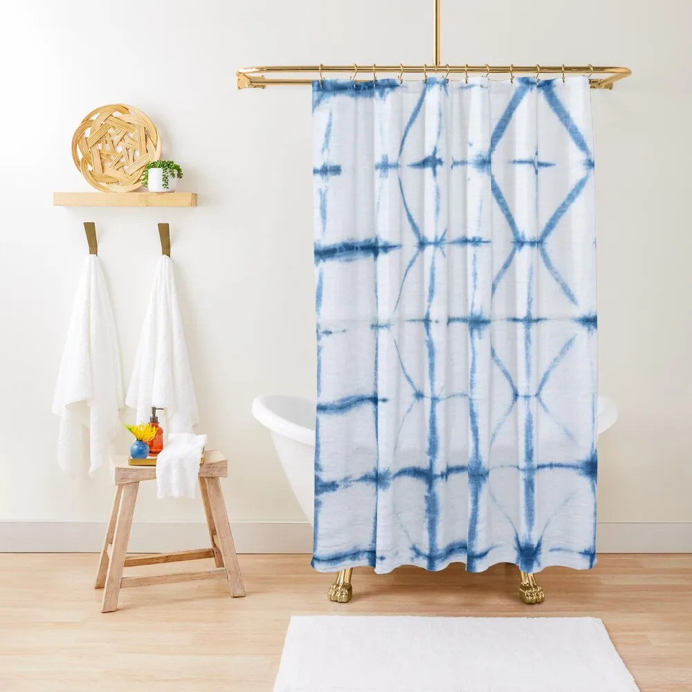 Shibori Indigo Dyed Diamond Pattern Shower Curtain Curtain Shower Shower Curtain Set