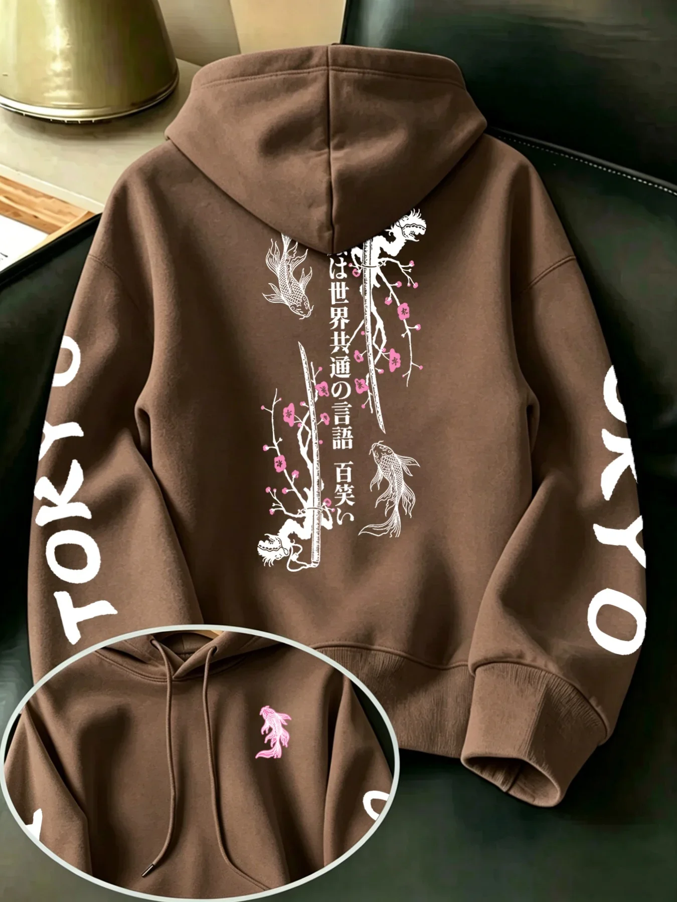 Men's Loose Fit Hoodie Japanese  Carp Samurai Sword Cherry Blossom Print HoodedTokyo Sleeve Letter Graphic Street Style Hoodie