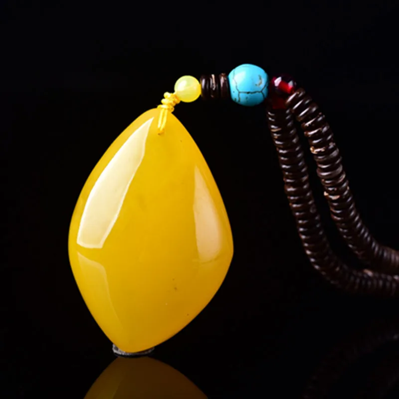 Golden pendant, chicken oil yellow water drop necklace, old amber peace amulet sweater chain for men and women