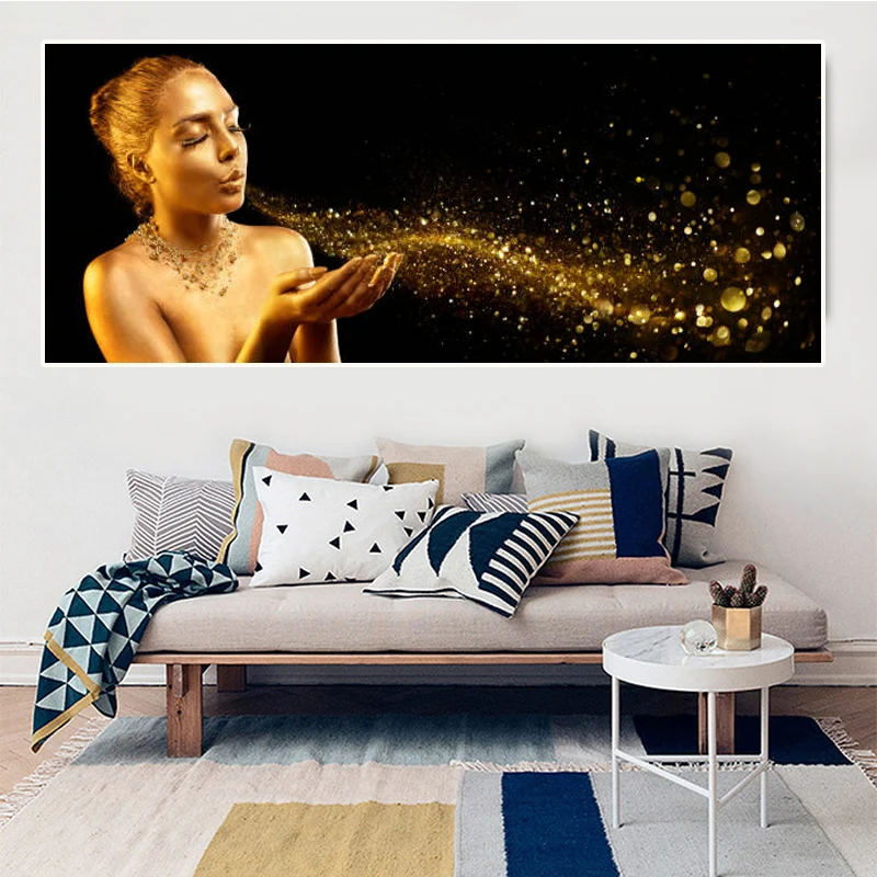 Scandinavian Home Decor Posters HD Prints Canvas Paintings Gold Women Blowing Bubbles Pictures