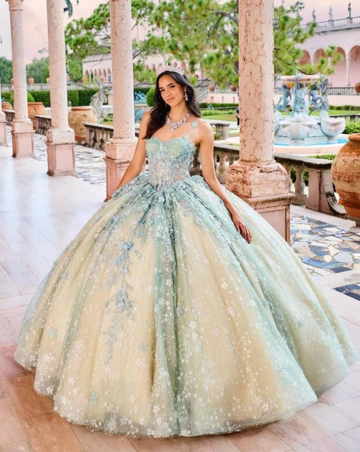 Minze Chamapgne Prinzessin Quince anera Kleider mit Umhang 2024 Glitter Blumen spitze Korsett Schnürung Vestidos de 15 Años Quinceañeras