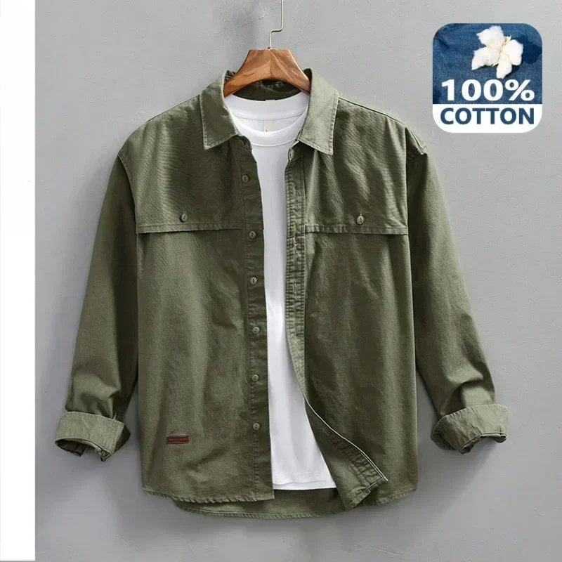 

2024 Spring Autumn New Cargo Casual Long Sleeve Shirts for Men Clothing Pure Cotton Solid Color Loose Soft Streetwear AZ978