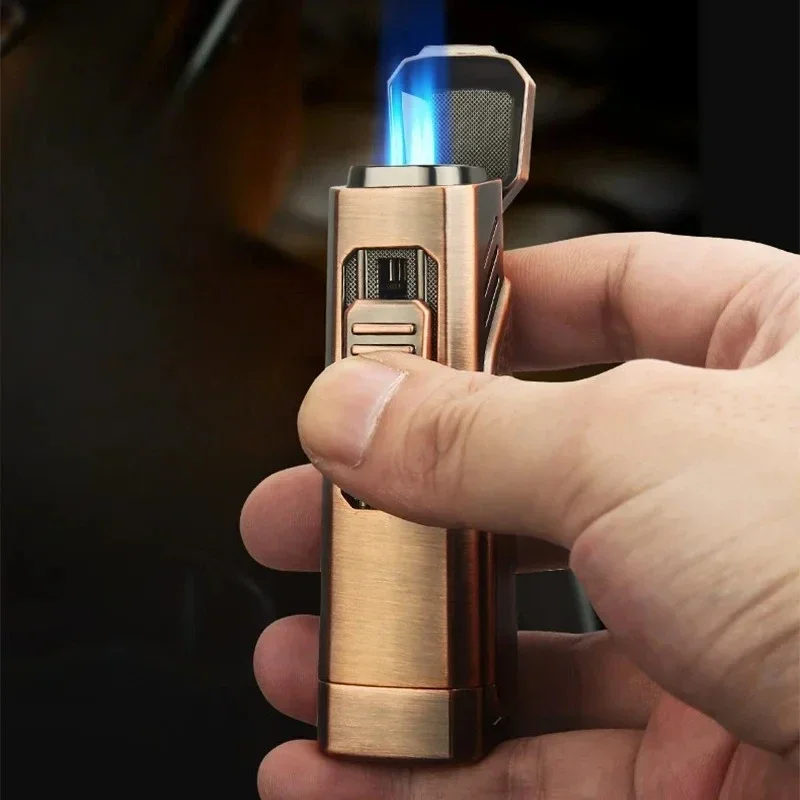 Newly Outdoor Windproof Blue Flame Metal Lighter Press Ignition Butane Inflatable Triple Flame Powerful Cigar Lighter Gift