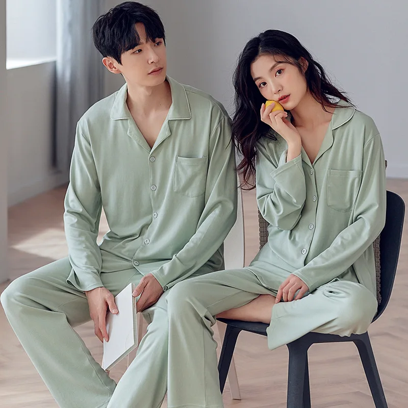 

100% Cotton Couple's Pajamas Fashion Soft Men and Women Sleepwear Lapel Pijamas Leisure Home Clothes Elegant Pyjamas for Lovers