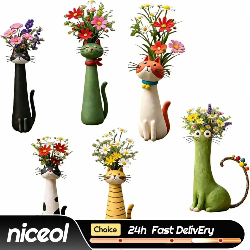 Verspielte Katzen-Blumenvase aus Kunstharz Moderne Einzigartige Blumenvase Kreatives Ornament für Wohnzimmer Büro Arbeitszimmer Heimdekoration