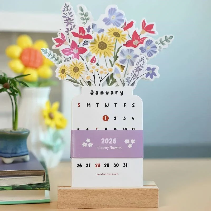 2026 Bloomy Flowers Desk Calendar Mini Calendar Standing Desk Calendar Vase-Like Desktop Monthly Planner For Home School Office