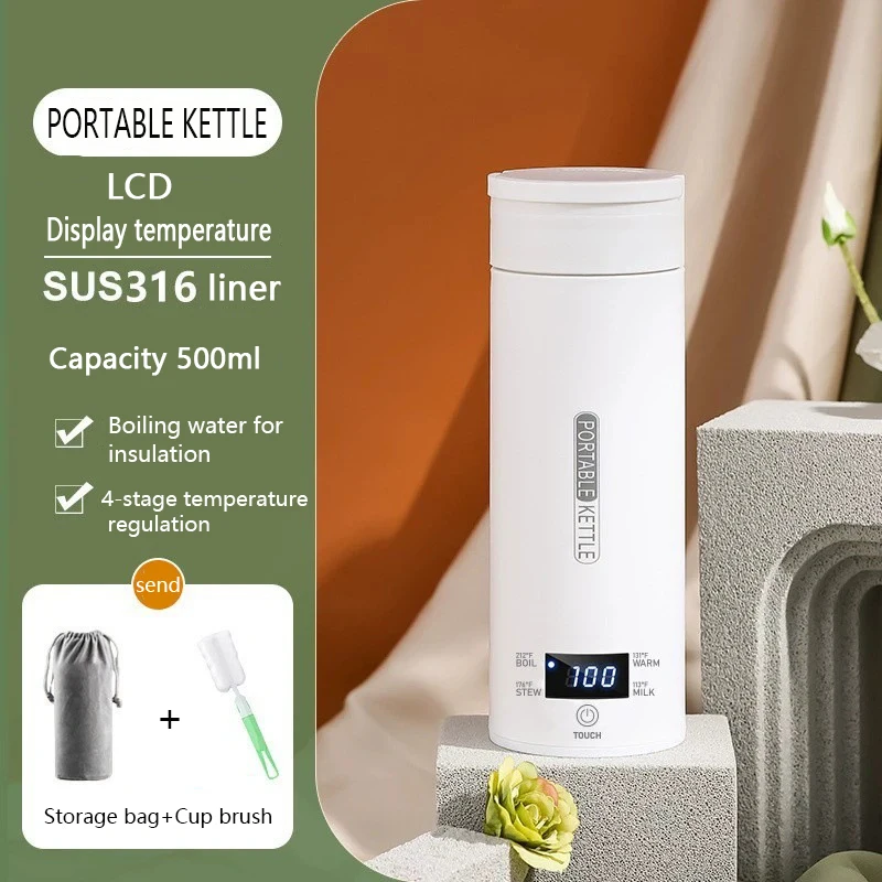 電気ケトル-ポータブルティーコーヒーケトル-旅行用湯沸かし器-保温カップ-火傷防止水筒-316ステンレス製サーモケトル