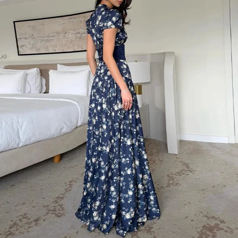 Summer New High Waist Commute Maxi Dresses Temperament Stand Collar Floral Printed Dress Elegant Lady Short Sleeve Pleated Dress view 6