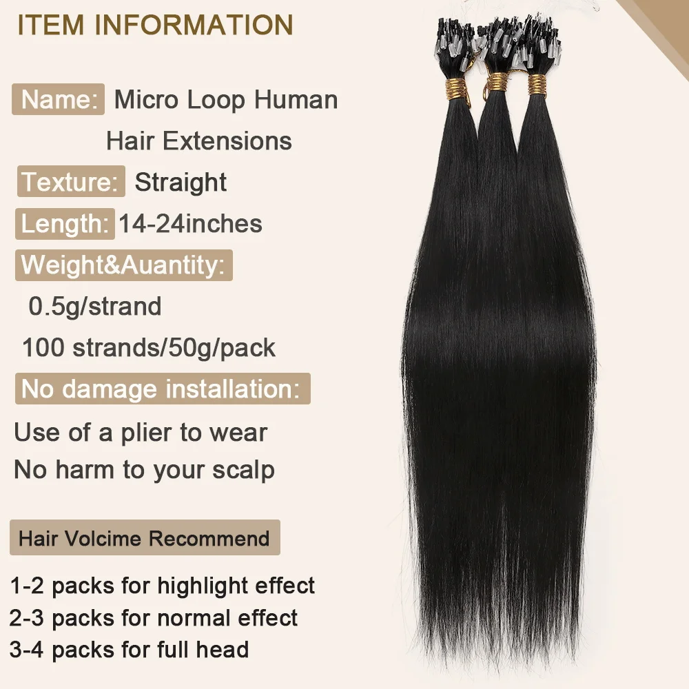 SEGO Micro Ring Hair Extensions Micro Beads Human Hair Pre Bonded Cold Fusion I Tip Hairpiece For Women  50g 100 Strands