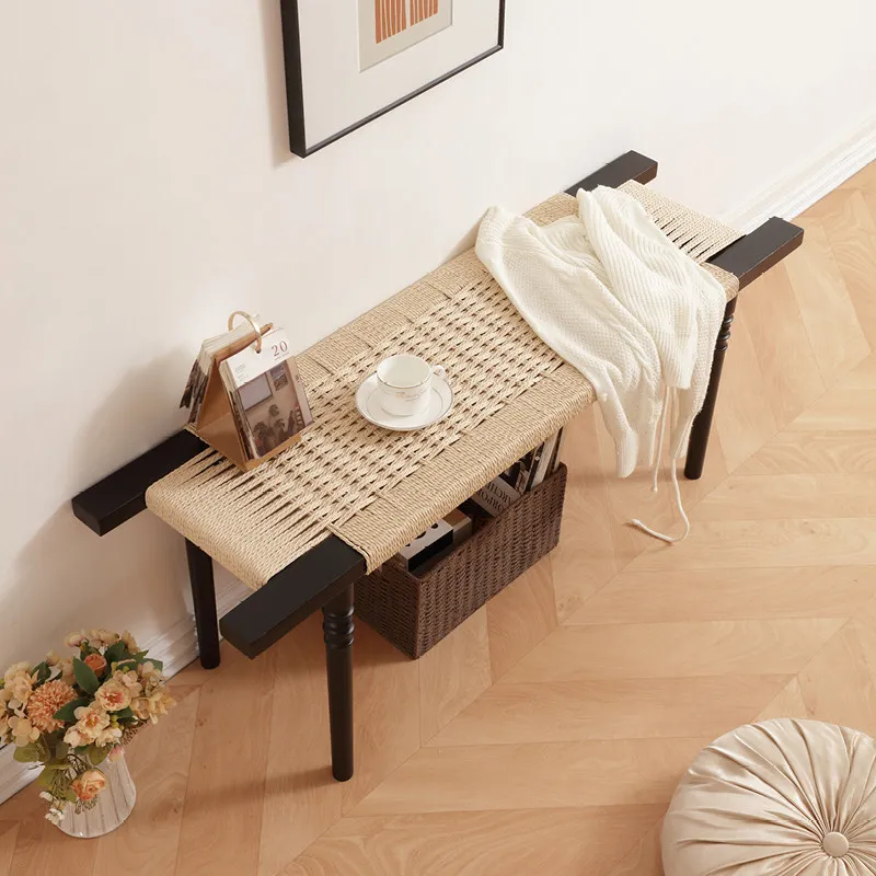 French Retro Solid Wood Bench, Bedroom End Stool, Dining Rope Woven Long Seat, Entryway Shoe Changing Rack with Eco Paint