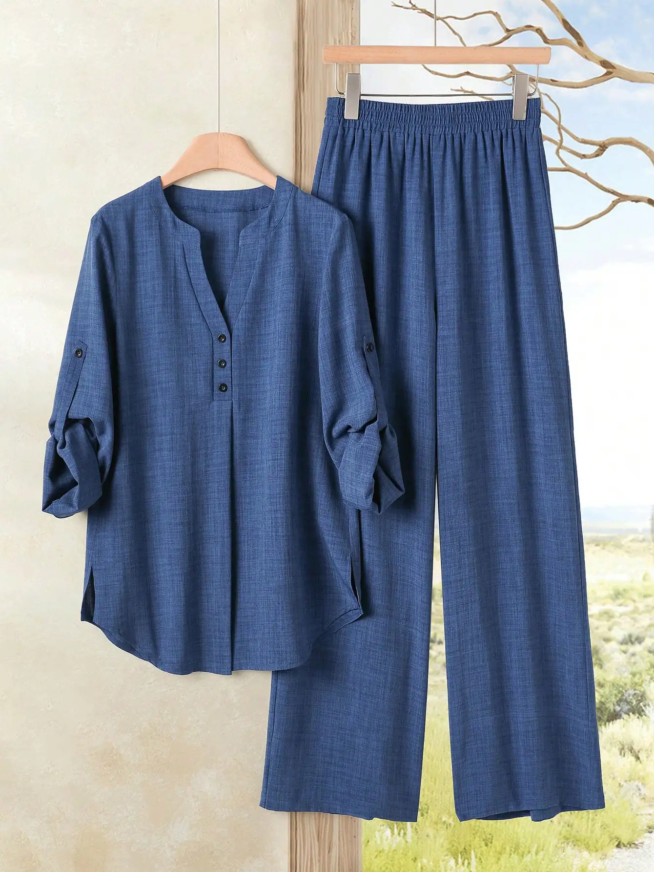 Women's Blue Solid Button Half Placket Roll-Sleeve Top & Wide-Leg Pants Set