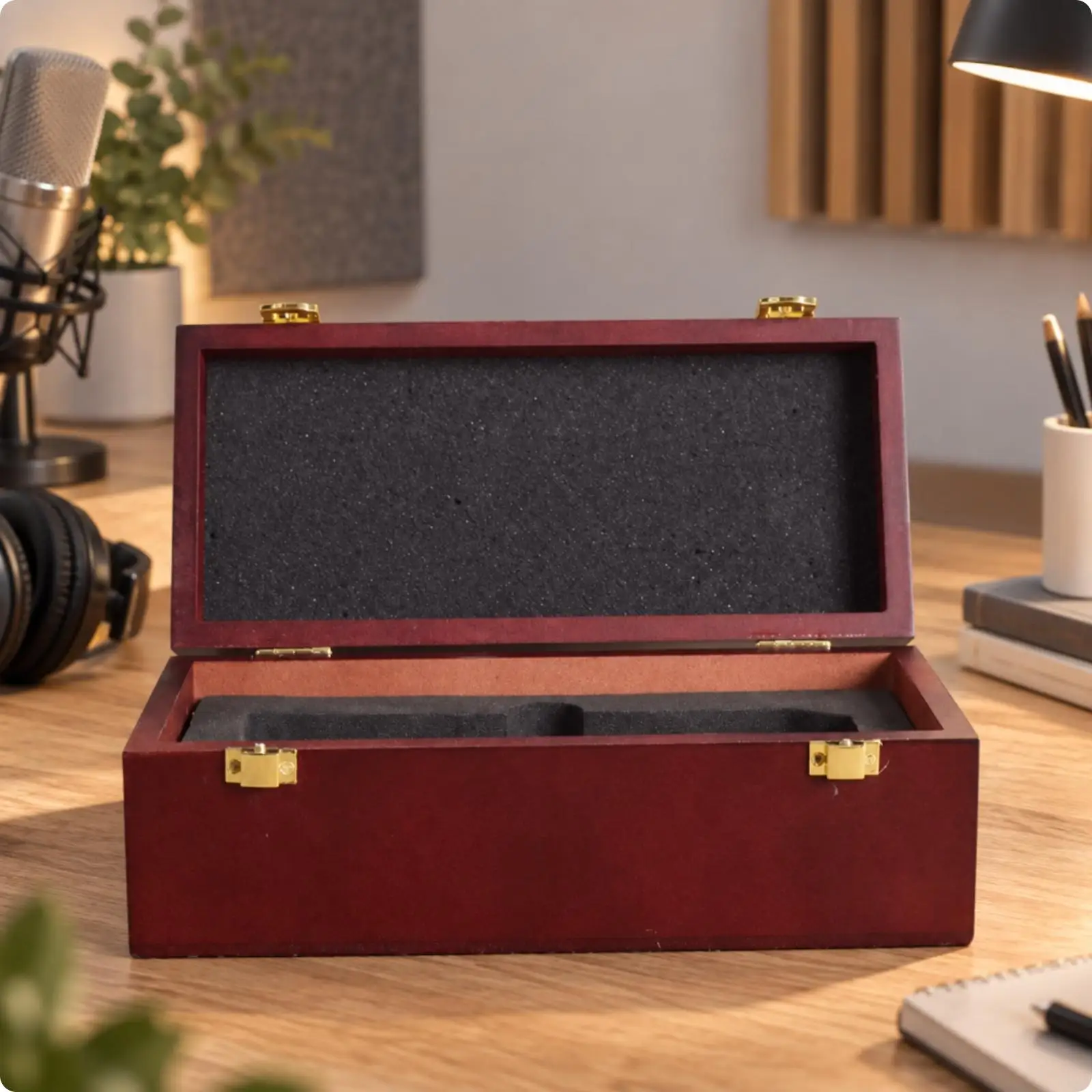 Wooden Vocal Microphone Box Secure-Latching Wooden Vocal Microphone Storage Box with Hinged Lid Sturdy Padded for Transport
