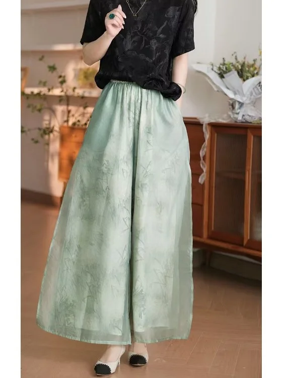 Ele Vintage Damen-Hose mit weitem Bein, bedruckt, Kaltton, Blumenmuster, Schneefee, Aosphere, hohe Taille, gerader Schnitt, Freizeithose