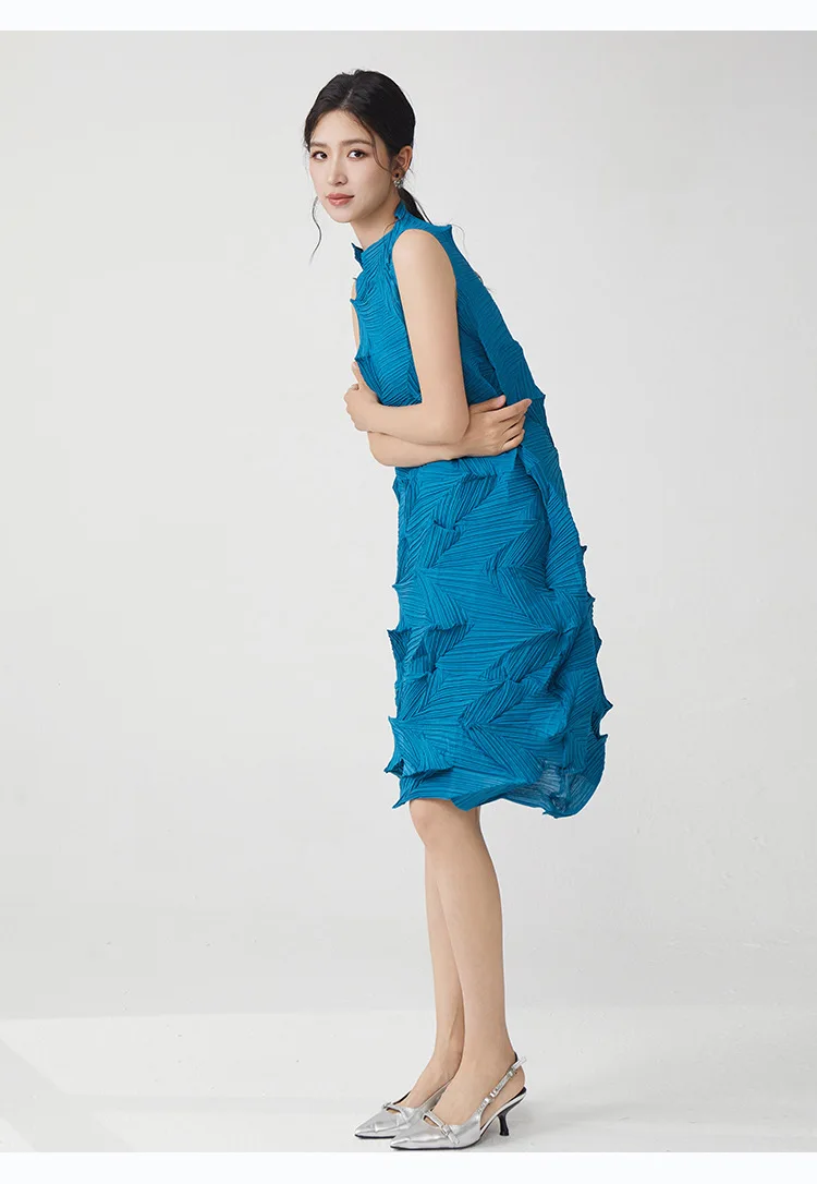 Miyake Plissierter Einfarbiger Rock 2025 Sommer Neues Kleid Elegantes Ärmelloses Loses Vielseitiges Midikleid – Detail 15
